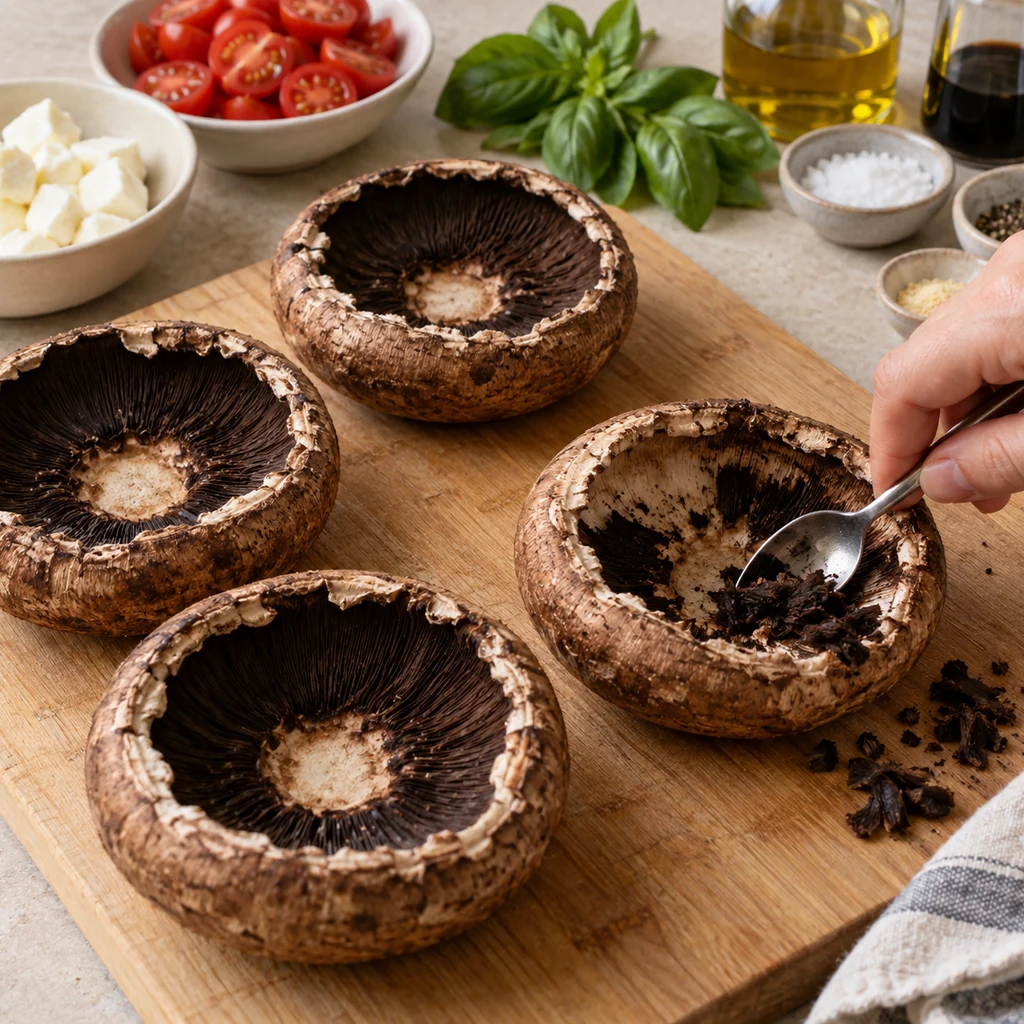 Portobello mushroom caps with stems removed as the dark gills are gently scraped out with a spoon