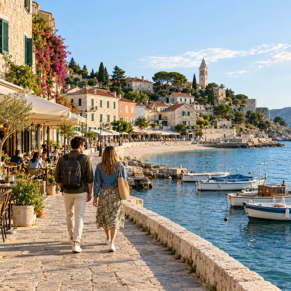 Travelers walking through a quiet coastal harbor town