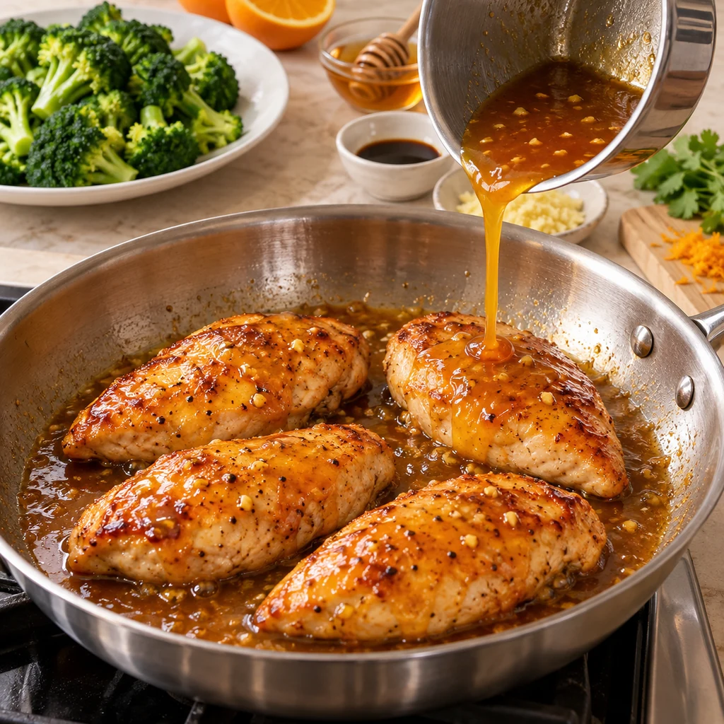 Cooked chicken breasts in a skillet being coated with orange ginger glaze from a small saucepan