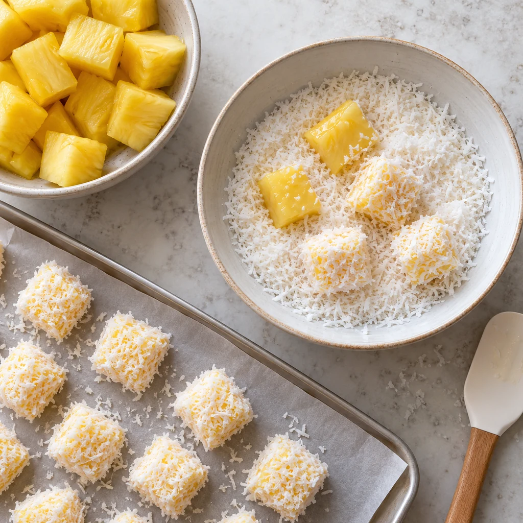 Pineapple cubes being rolled and pressed into finely shredded coconut