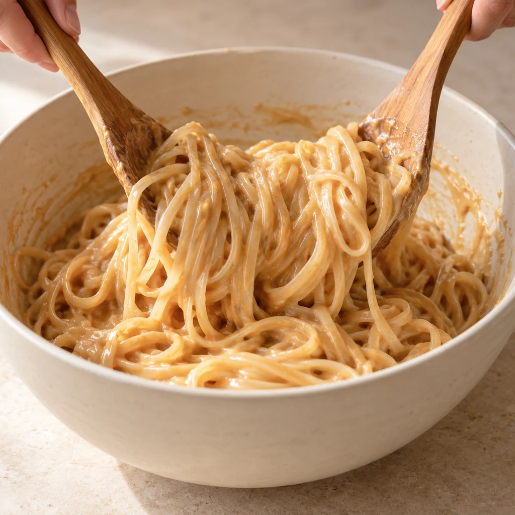 Plain cooked rice noodles being tossed with smooth peanut sauce in a large cream bowl before vegetables are added