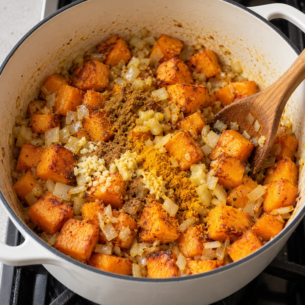 Roasted squash cubes mixed with onion, garlic and ginger in a pot while cumin and turmeric are added