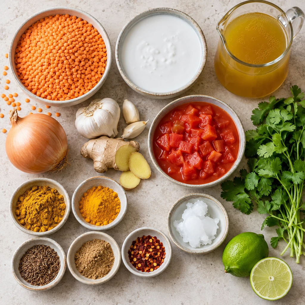Red lentils, coconut milk, broth, onion, garlic, ginger, tomatoes, curry spices, lime and cilantro