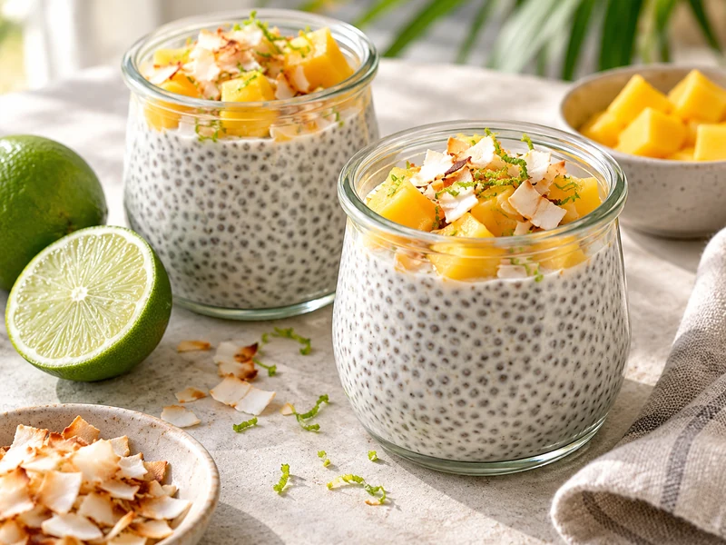 Two jars of coconut lime chia pudding with mango and toasted coconut