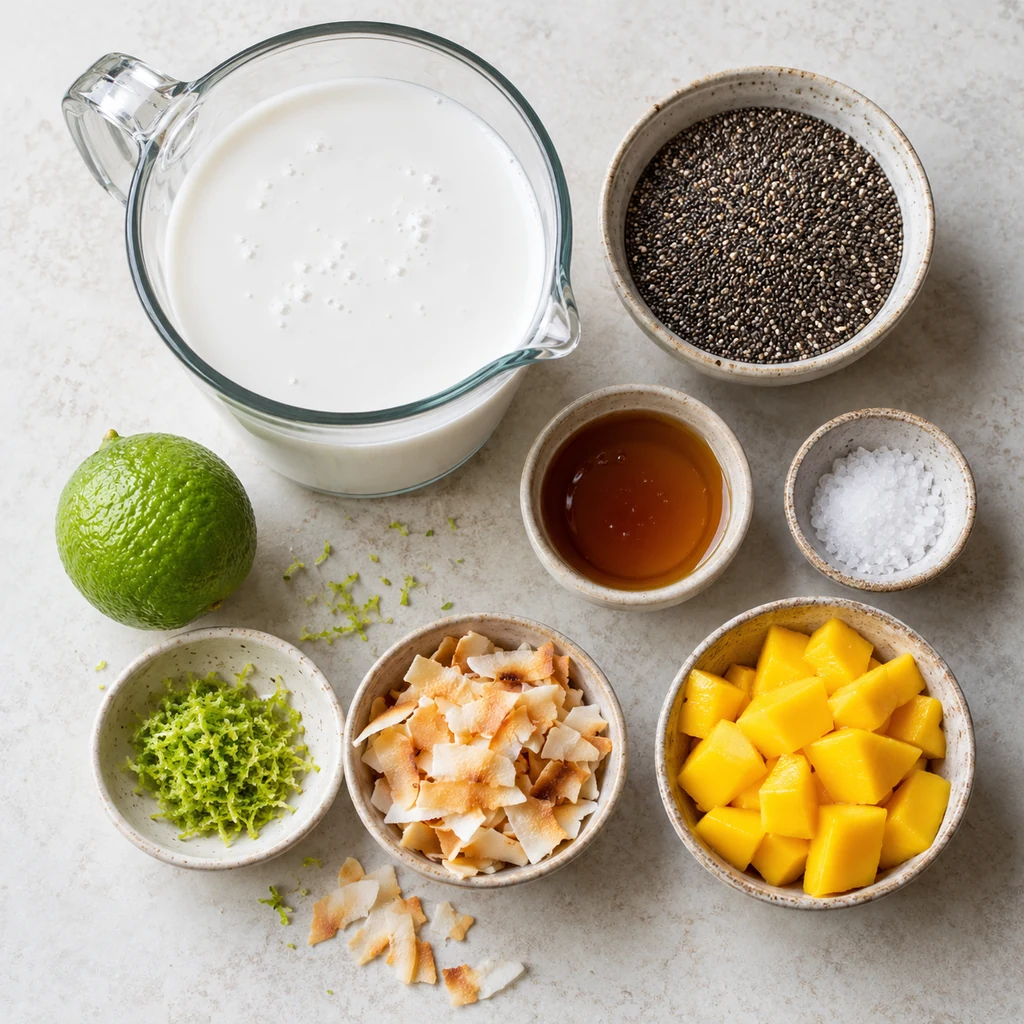 Coconut milk, chia seeds, maple syrup, lime, salt, toasted coconut and mango