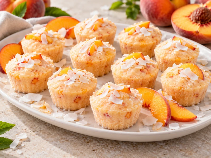 Twelve creamy coconut peach ice cream bites with fresh peach and coconut