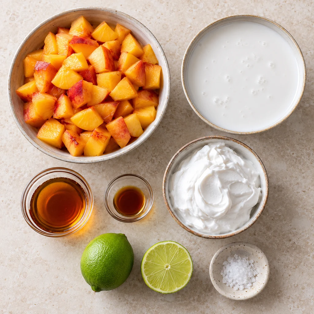 Diced peaches, coconut milk, coconut cream, maple syrup, vanilla, lime and salt arranged in bowls