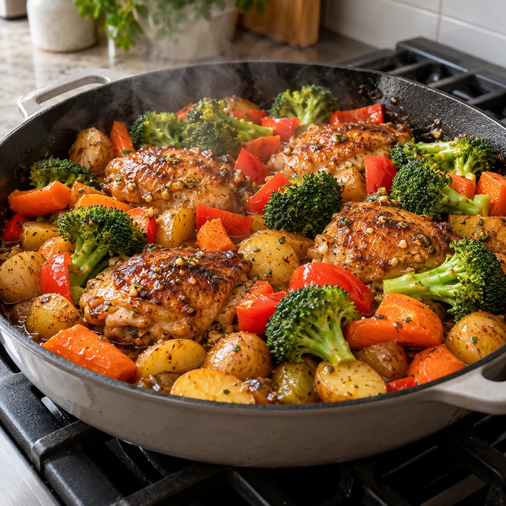 Honey garlic chicken, potatoes, carrots, broccoli and red bell pepper cooking together in one skillet