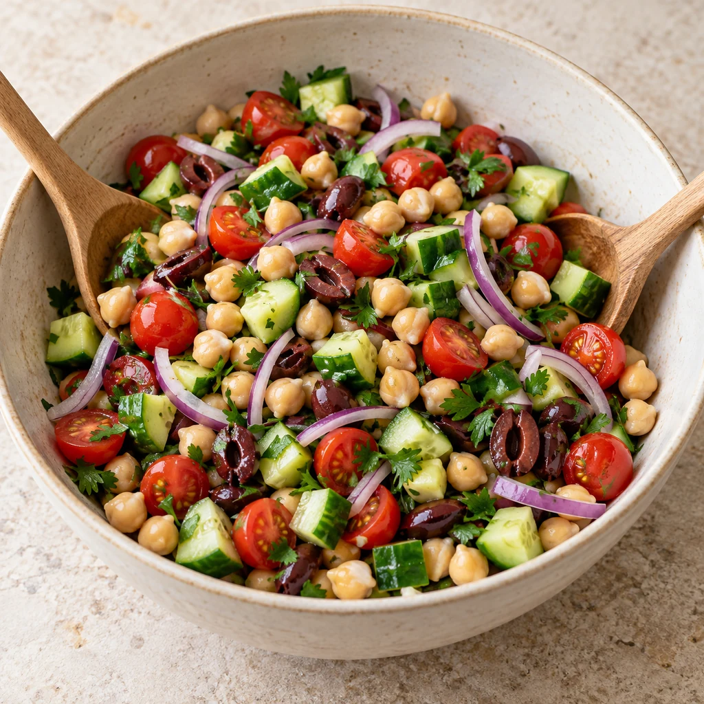Chickpeas, cucumber, halved cherry tomatoes, red onion, olives and parsley combined in a large bowl without dressing