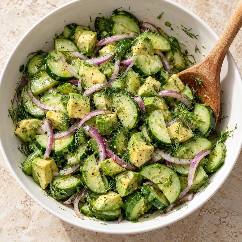 Cucumber avocado salad gently combined with red onion, dill and lemon dressing