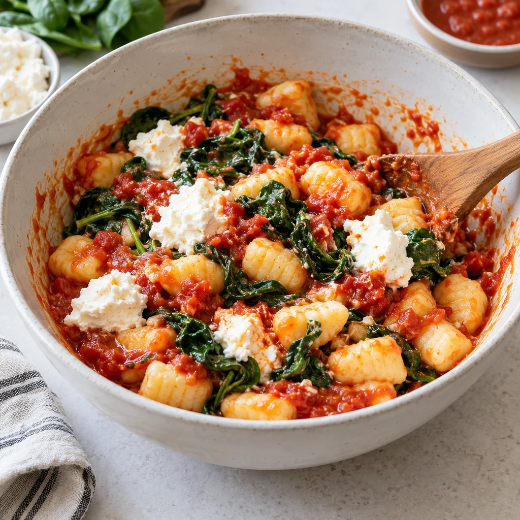 Cooked gnocchi folded with marinara sauce, spinach and dollops of ricotta