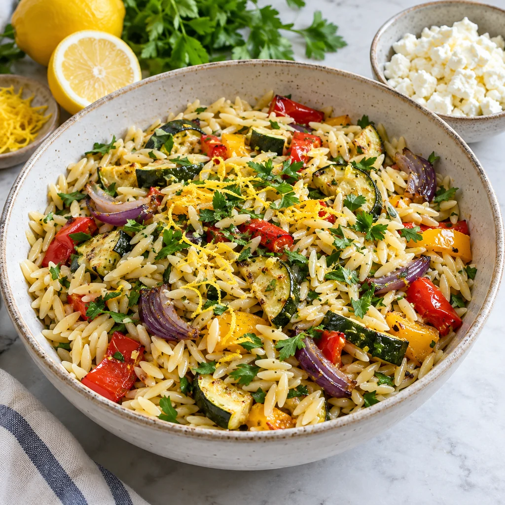 Cooked orzo combined with roasted vegetables, lemon zest, juice and fresh parsley