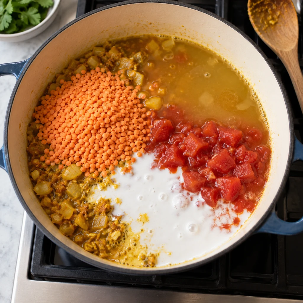 Red lentils, diced tomatoes, coconut milk and vegetable broth added to golden curry aromatics