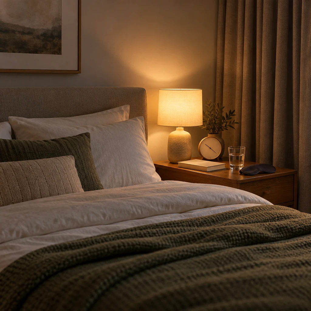 Calm bedroom with a warm bedside lamp, book, water, and neatly prepared bed