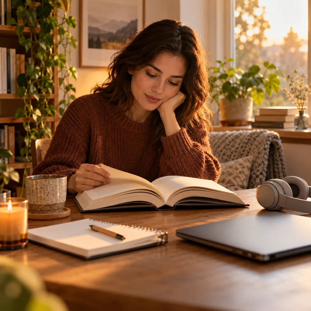 Woman reading a book in a quiet nook with a notebook, headphones, and closed laptop