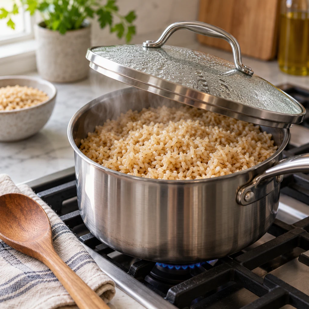 Tender brown rice cooking in a covered stainless steel saucepan