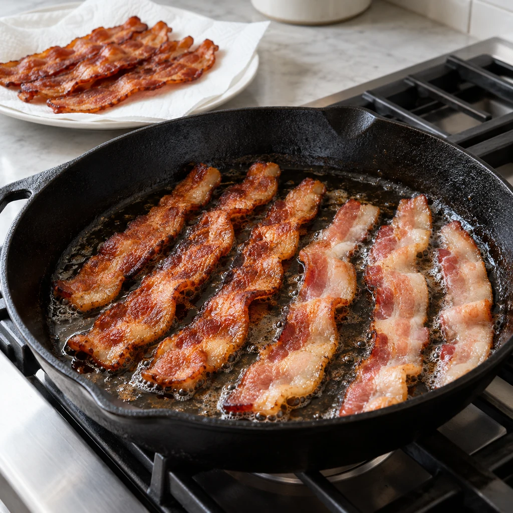 Thick-cut bacon cooking until crisp in a cast-iron skillet