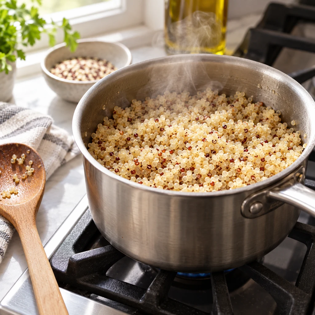 Rinsed quinoa cooking in a stainless steel saucepan