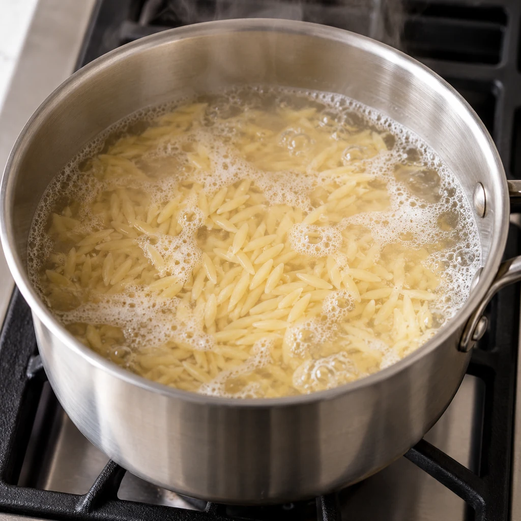 Rice-shaped orzo pasta cooking in gently boiling salted water