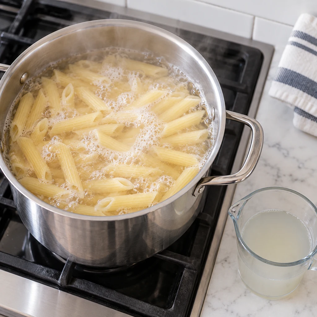 Penne boiling in a stainless-steel pot beside a cup of reserved pasta water