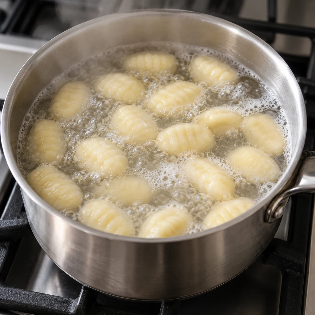 Potato gnocchi floating in gently boiling salted water