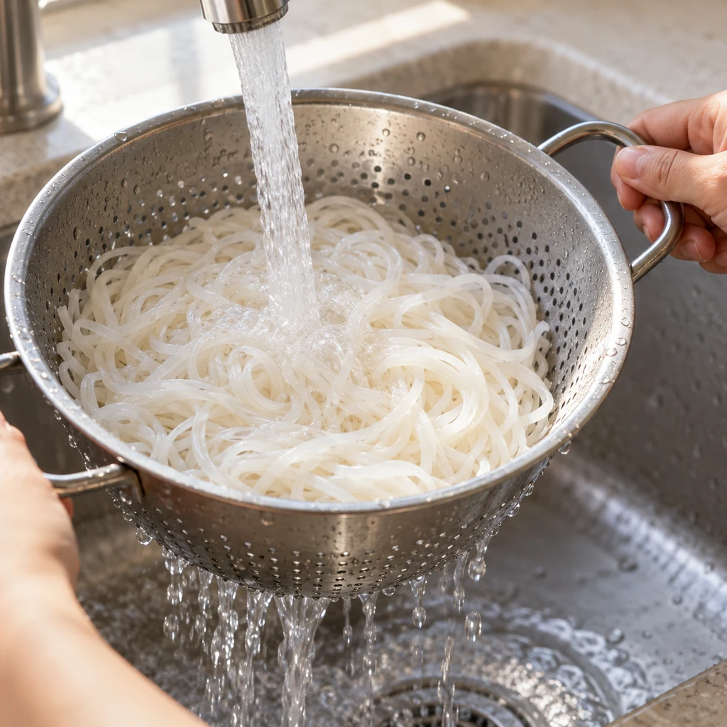Cooked white rice noodles draining in a metal colander under cold running water