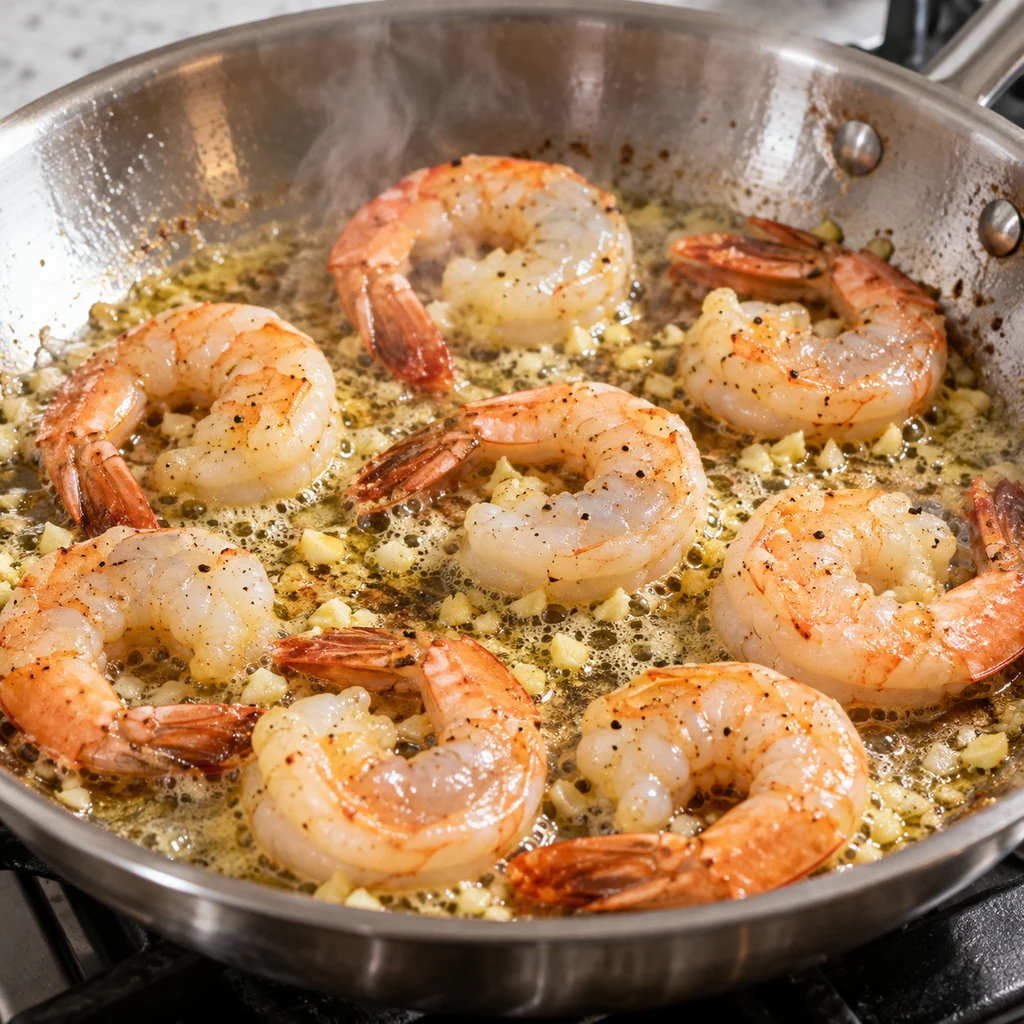 Large shrimp searing in a single layer in garlic butter in a stainless-steel skillet