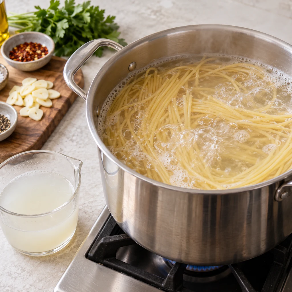 Spaghetti cooking in boiling salted water with a cup of cloudy pasta water reserved beside the pot