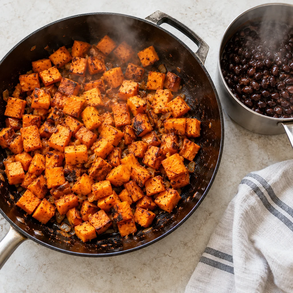 Spiced sweet potato cubes browning in a skillet beside warm black beans