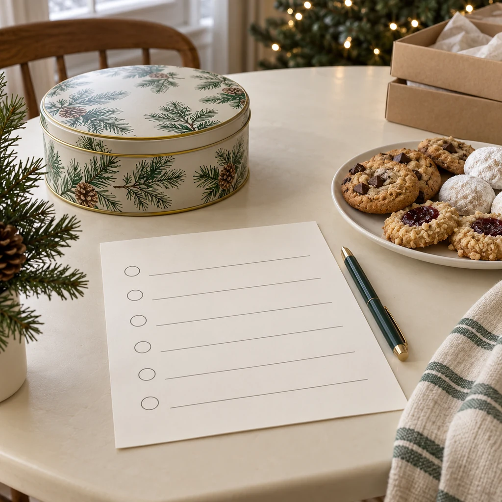 Six-row handwritten planning sheet beside a closed cookie tin and a pen on a small kitchen table