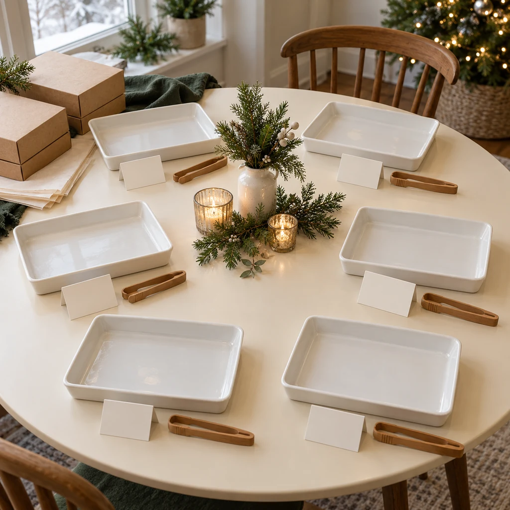 Separate blank ingredient cards and six individual wooden serving tongs laid out beside cookie trays