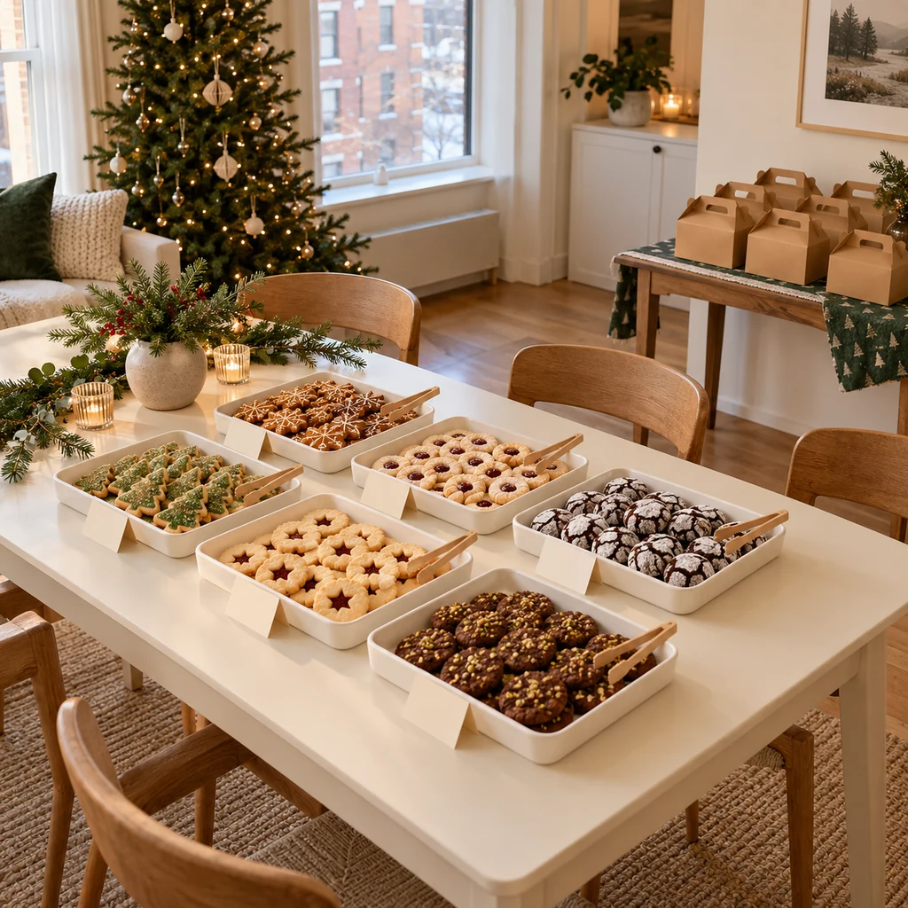 Six cookie trays in two rows of three on a compact dining table with a separate box station nearby