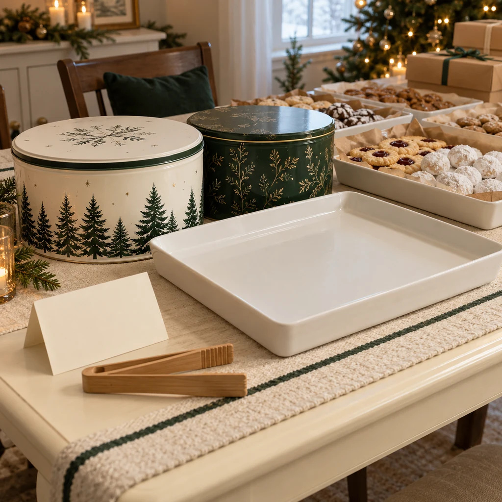 Closed cookie containers beside a clean serving tray and an ingredient card at the arrival end of a table