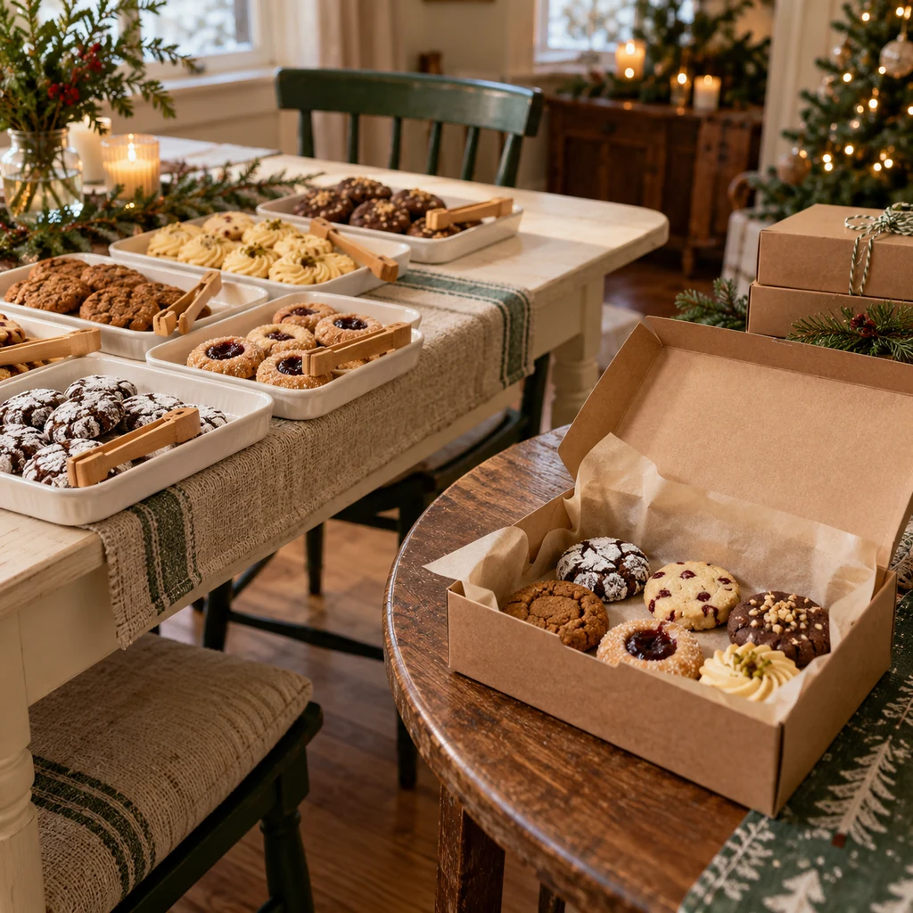 Open parchment-lined take-home box beside individual cookie trays and their separate tongs