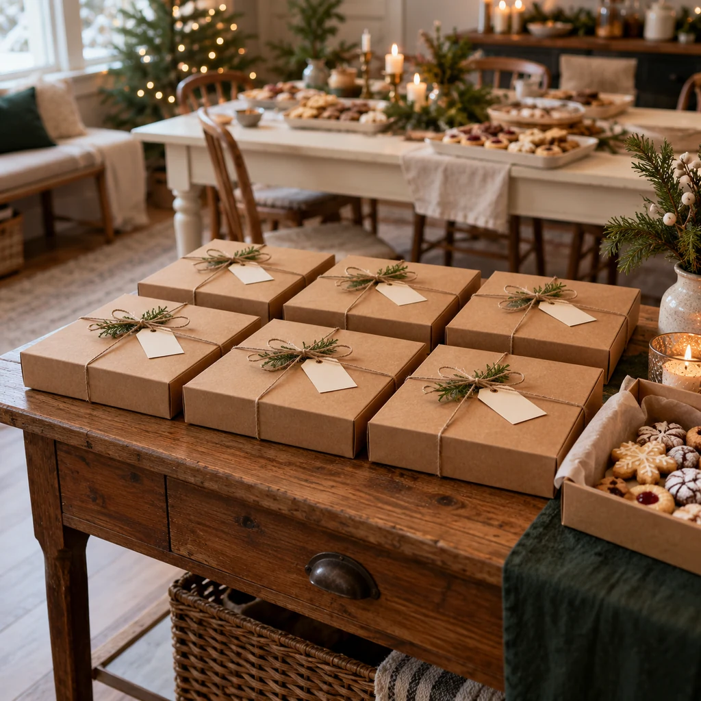 Six closed cookie boxes with blank placeholder tags arranged on a small side table