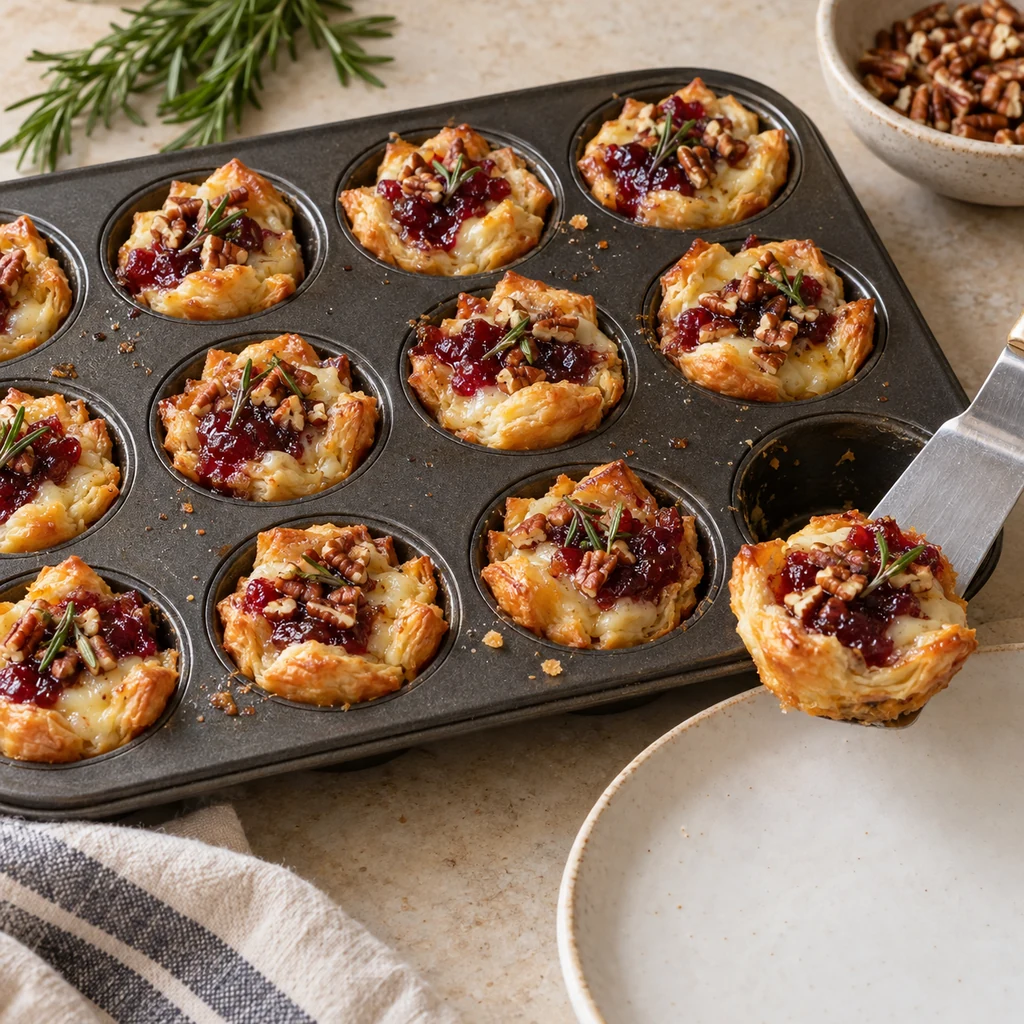 A rested baked cranberry brie bite being lifted from a mini muffin pan with a thin spatula