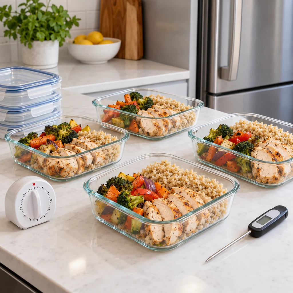 Shallow glass meal containers cooling with space between them beside a kitchen timer and food thermometer