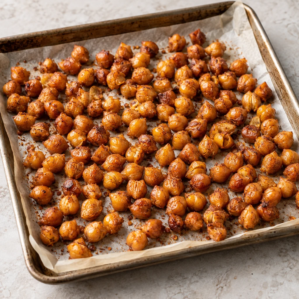 Golden crispy air fryer chickpeas cooling on a parchment-lined tray