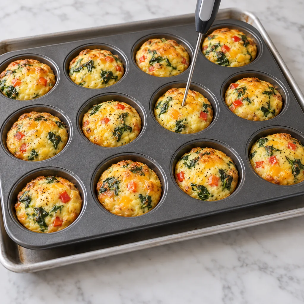 Set golden egg bites in a muffin tin with a thermometer probe checking the center of one bite
