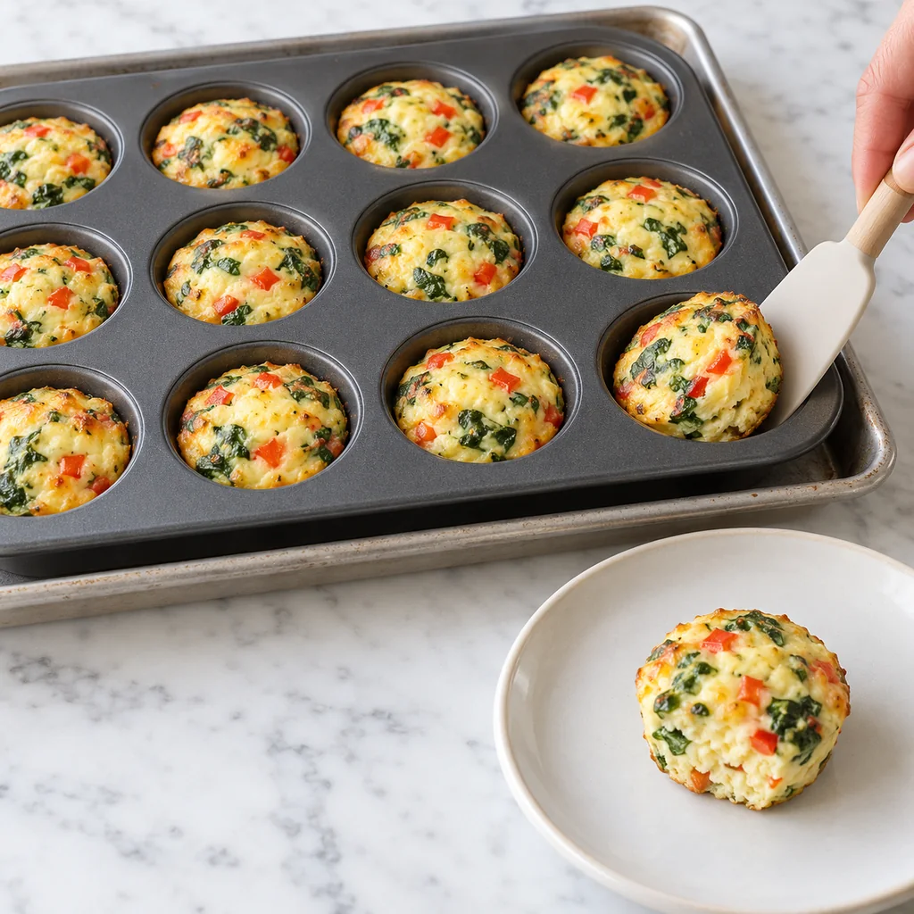 Silicone spatula gently lifting a cooled cottage cheese egg bite from the muffin tin
