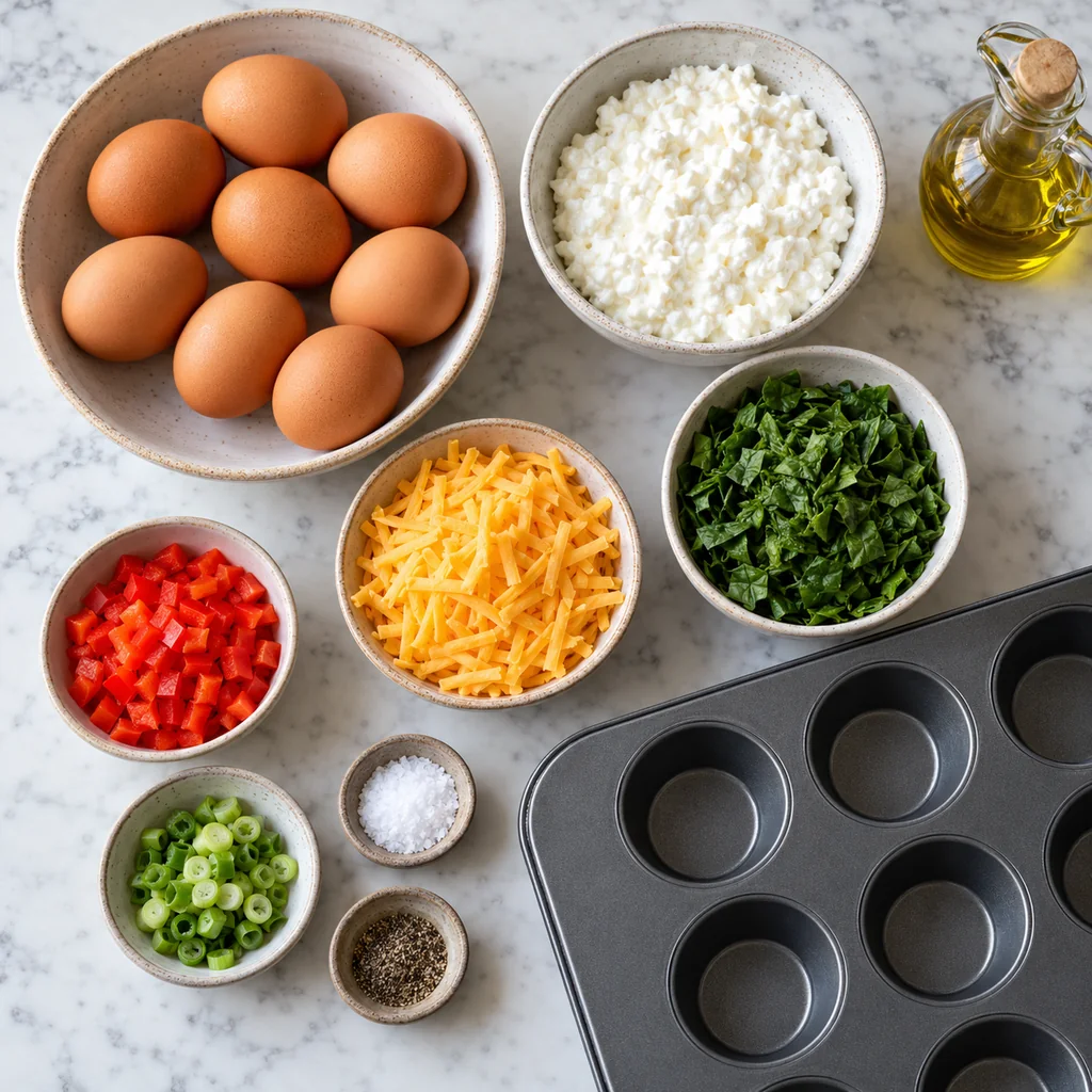 Eight eggs with cottage cheese, cheddar, spinach, red pepper, green onion, seasonings, olive oil, and a 12-cup muffin pan