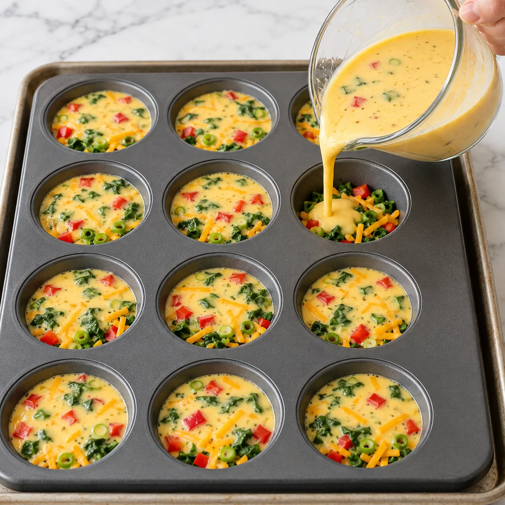 Smooth egg mixture poured over vegetables and cheddar in a 12-cup muffin tin