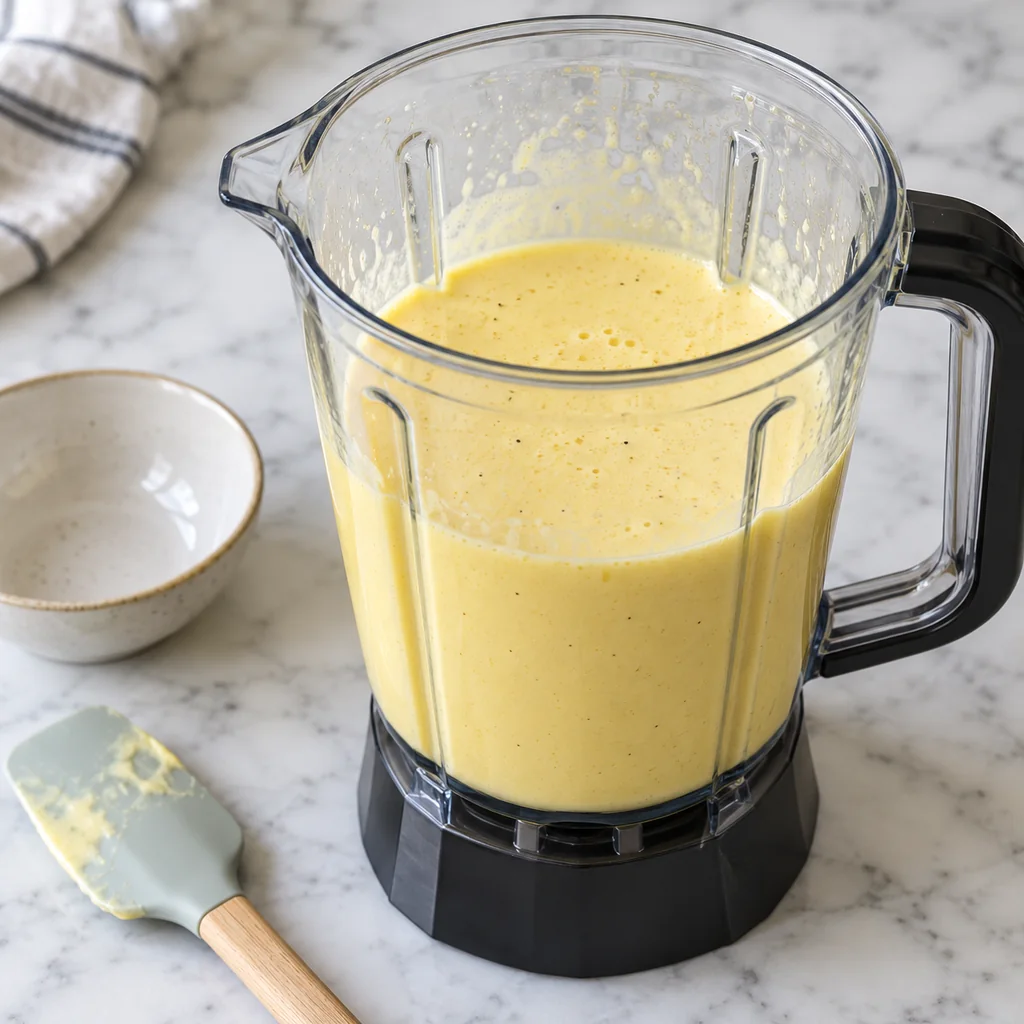 Smooth pale yellow egg and cottage cheese mixture in a blender jar