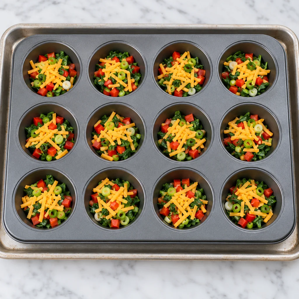Spinach, red bell pepper, green onion, and cheddar divided among 12 muffin cups before adding egg