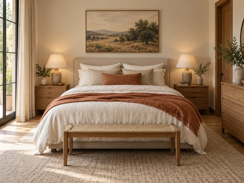 Cozy bedroom with layered bed, flat rug, shaded lamps and oak furniture