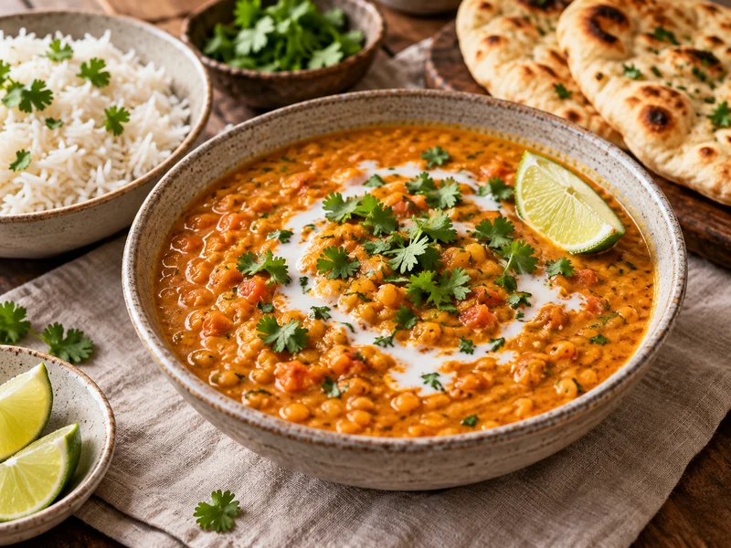 Creamy coconut red lentil curry with cilantro, lime, rice and naan