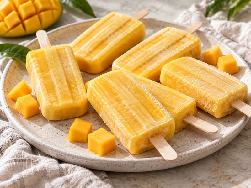 Creamy mango yogurt ice pops served with fresh mango