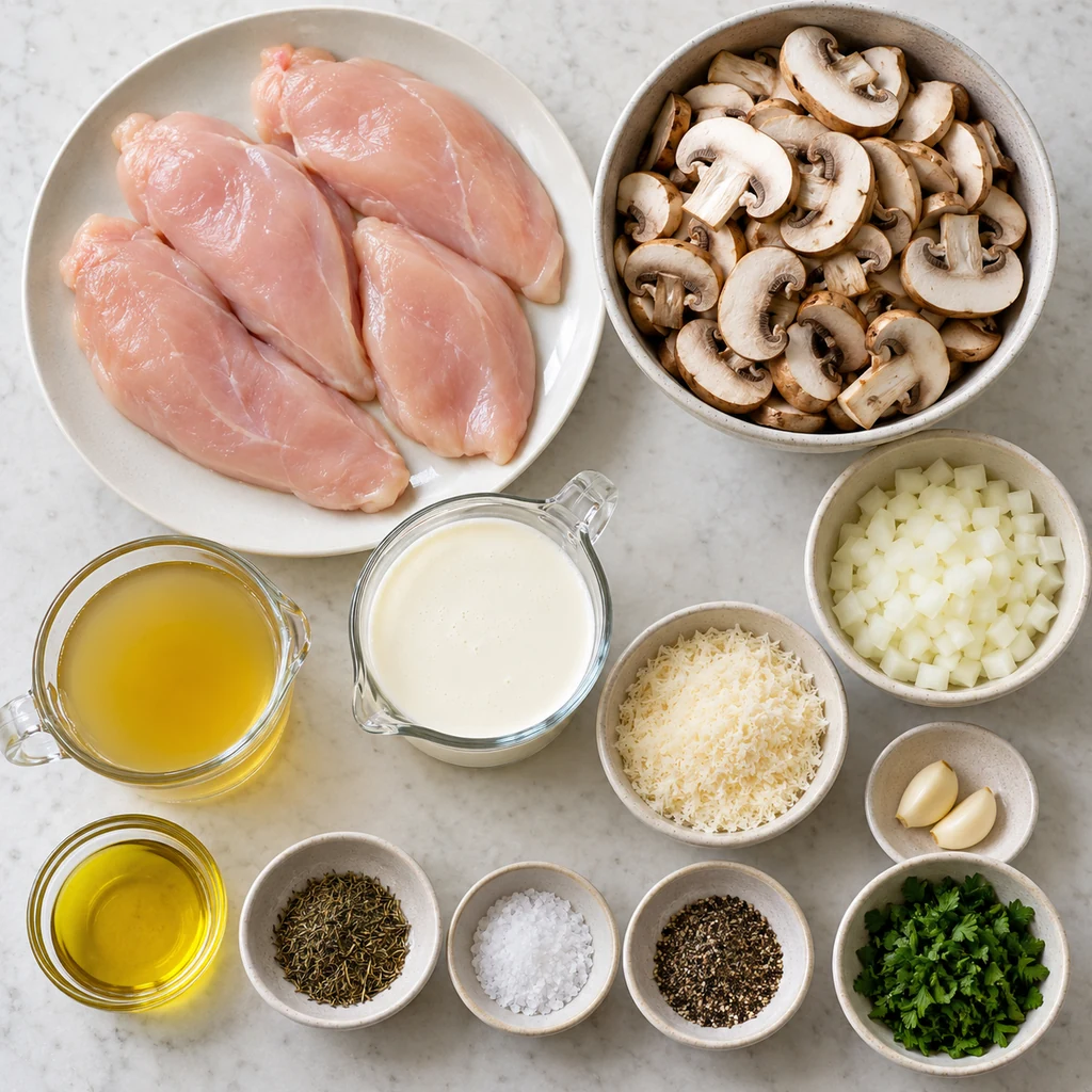 Chicken breasts, mushrooms, onion, garlic, cream, broth, Parmesan and herbs