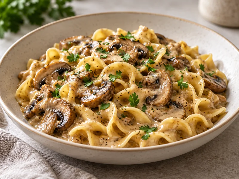 Creamy mushroom stroganoff with egg noodles and parsley in a bowl