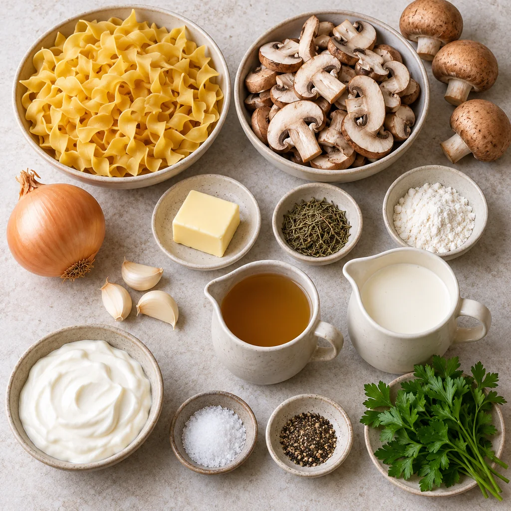 Egg noodles, mushrooms, onion, garlic, butter, thyme, flour, vegetable broth, cream, sour cream, salt, pepper and parsley arranged for stroganoff